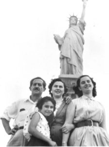 My mother, second from left, reunited with her sister and parents upon their arrival to the United States of America from Hungary. They arrived to America December 1956; photo taken June 1957. Statue of Liberty.